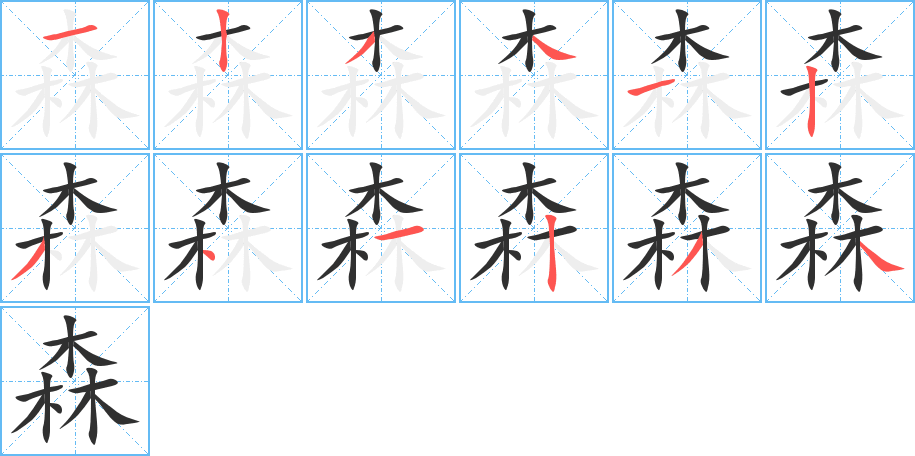 森的笔顺分步演示图